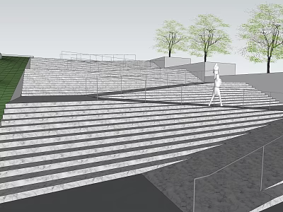 Outdoor Stone Staircase Design With Metal Railings Trees Grass And Person Walking 3d model