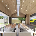 Modern Front Desk Reception Area With Wooden Chairs And Large Screen
