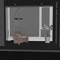 Modern White Vertical Blinds In Living Space With Brown Armchair Floor Lamp And Green Plant
