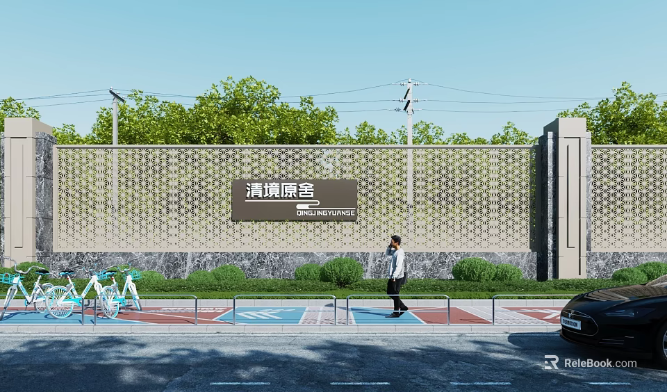 Building Exterior Wall with Geometric Pattern Design Near Green Plants Street Lamps Pedestrian Shared Bikes 3d model 