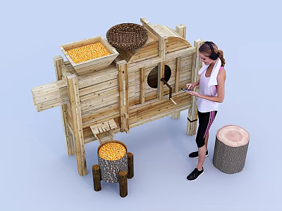 Woman With Headphones Operating Wooden Grain Machine Using Tablet And Corn Kernels 3d model