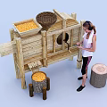 Woman With Headphones Operating Wooden Grain Machine Using Tablet And Corn Kernels