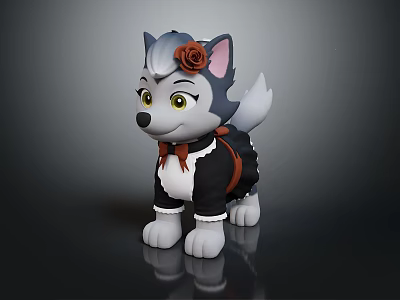 Cute Cartoon Wolf Character With Rose On Head Dressed In Black Outfit 3d model