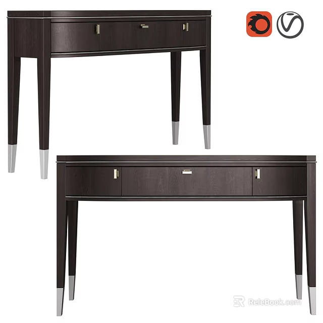 Elegant Modern Dark Wood Dining Table With Drawers And Metal Accent Legs 3d model 