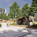 Park Landscape With Green Trees White Flowering Trees Modern Buildings And Paved Area