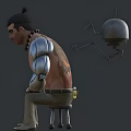 Game Movie Character With Metallic Prosthetic Arms Shirtless Torso Beaded Necklace Metal Helmet Samurai Sword Sitting