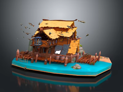 Rustic Wooden Cabin on Water with Yellow Roof Wooden Fences and Flying Birds 3d model