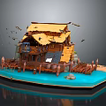 Rustic Wooden Cabin on Water with Yellow Roof Wooden Fences and Flying Birds