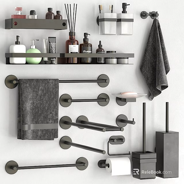 Modern Bathroom Accessories with Wall Towel Racks Shelf Bottles Soap Dish and Towels 3d model 