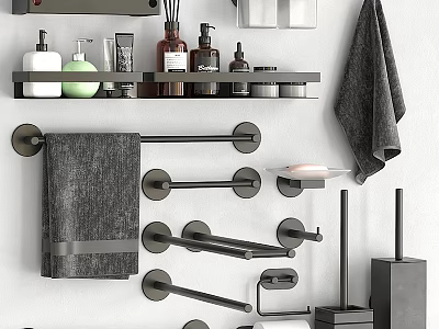 Modern Bathroom Accessories with Wall Towel Racks Shelf Bottles Soap Dish and Towels 3d model