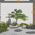Tranquil Courtyard Garden Featuring Green Tree Stones Lantern Round Moon Lamp And Stepping Stones