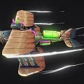 Cartoon Fighter Jet With Wooden Wings Green Engine Purple Pink Lights Flying With Speed Lines