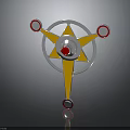 Decorative Star Shaped Ornament With Yellow Center Silver Ring And Red Spherical Accents