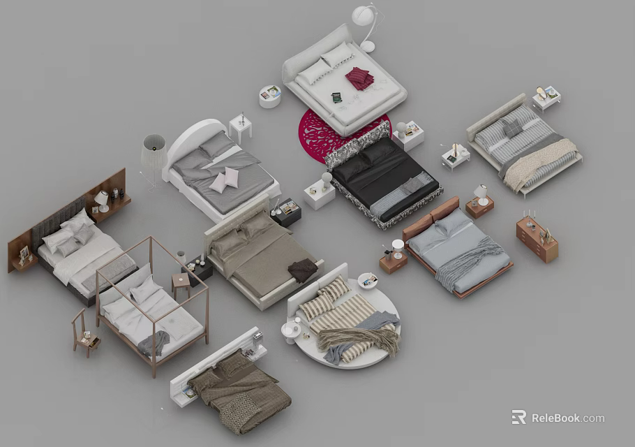 Various Double Bed Designs With Bedside Tables Lamps And Bedding Sets 3d model