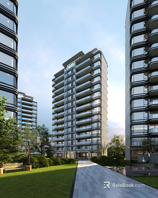 Modern High Rise Residential Building With Glass Curtain Walls Balconies And Greenery 3d model 