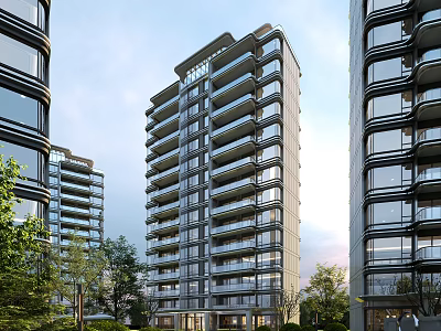 Modern High Rise Residential Building With Glass Curtain Walls Balconies And Greenery 3d model