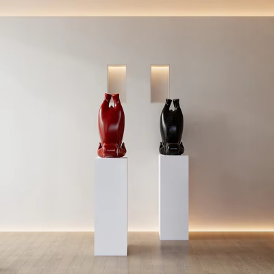 Red And Black Sculptures Displayed On White Pedestals With Wall Lamps 3d model