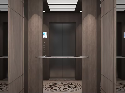 Elevator Interior With Wooden Panels Ceiling Lights Patterned Floor Tile Control Panel And Handrail 3d model