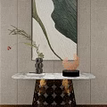Elegant Modern Console Table With Marble Top Gold Circular Base And Decorative Wall Art 3d model