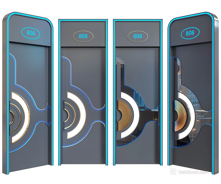 Sleek Modern Swing Doors With Blue Frame Circular Decor And Transparent Panels 3d model 