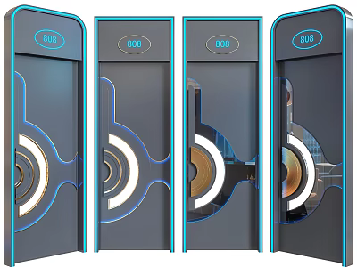 Sleek Modern Swing Doors With Blue Frame Circular Decor And Transparent Panels 3d model