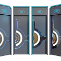 Sleek Modern Swing Doors With Blue Frame Circular Decor And Transparent Panels