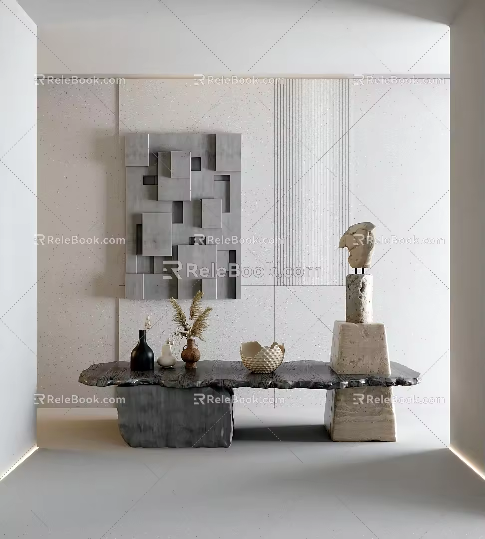 Silent Wind End View Table Silent Wind Entrance Table Stone End View Table Art Three-dimensional Wall Vase Branches and Dried Stone Pillars Sculpture 3d model