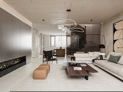 Modern Living and Dining Room Interior with Open Layout Sofa Coffee Table Fireplace and Chandelier 3d model