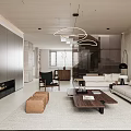 Modern Living and Dining Room Interior with Open Layout Sofa Coffee Table Fireplace and Chandelier