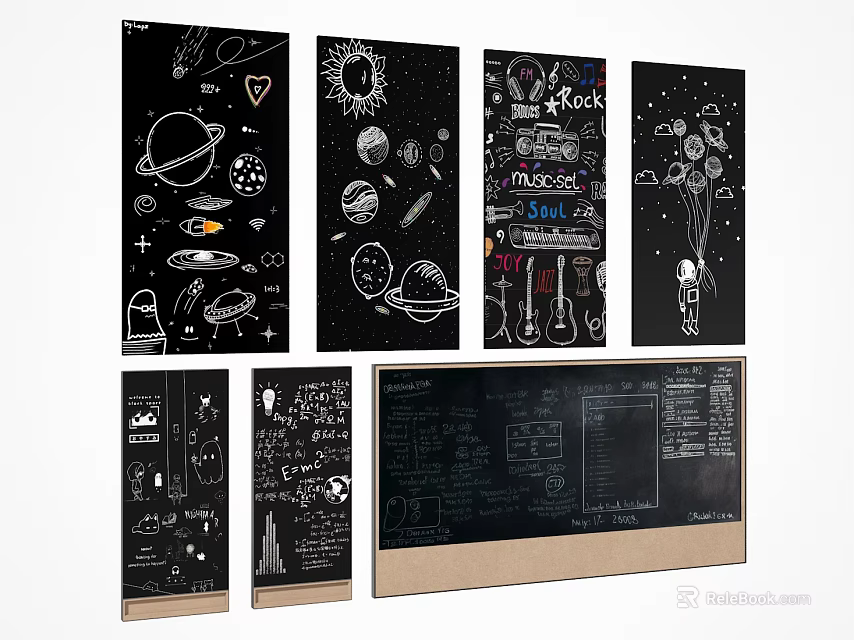 Hand Drawn Space Theme Decorative Prints With Science Elements And Chalkboard Style 3d model 