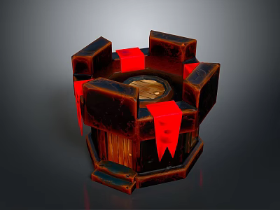 Dark Wooden Hexagonal Box With Red Decorative Straps And Ornate Design 3d model