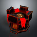 Dark Wooden Hexagonal Box With Red Decorative Straps And Ornate Design