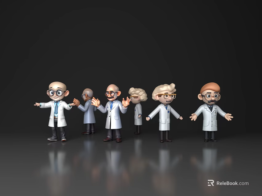 Cartoon Scientist Characters In White Lab Coats With Various Poses Against Gray Background 3d model 