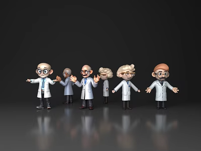 Cartoon Scientist Characters In White Lab Coats With Various Poses Against Gray Background 3d model