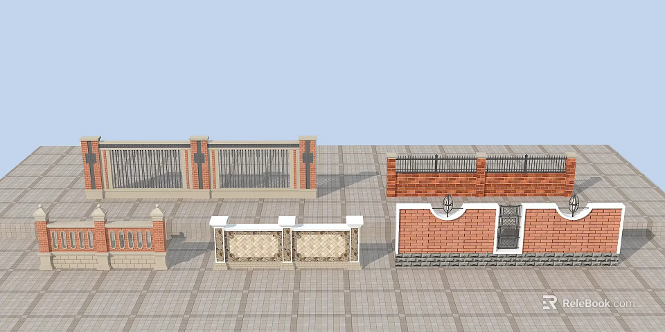 Different Brick Wall And Fence Designs With Railing And Gate Structures 3d model