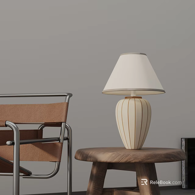 Modern Table Lamp With White Lampshade And Striped Body On Wooden Side Table 3d model 