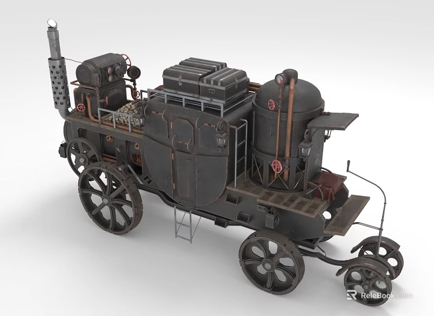 Steampunk Vintage Carriage with Large Wheels Metal Structure and Steam Engine Parts 3d model 