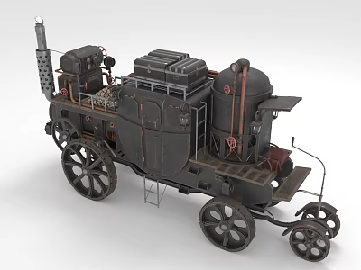 Steampunk Vintage Carriage with Large Wheels Metal Structure and Steam Engine Parts 3d model