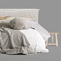 Cozy Minimalist Bedroom Bed With Beige Headboard Pillows Gray Blanket And Wooden Stools