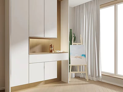 White Modern Minimalist Shoe Cabinet With Drawers And Display Area In Living Room Interior 3d model