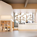 Modern Interior Design With Reception Desk Wooden Bookshelves And Geometric Structures