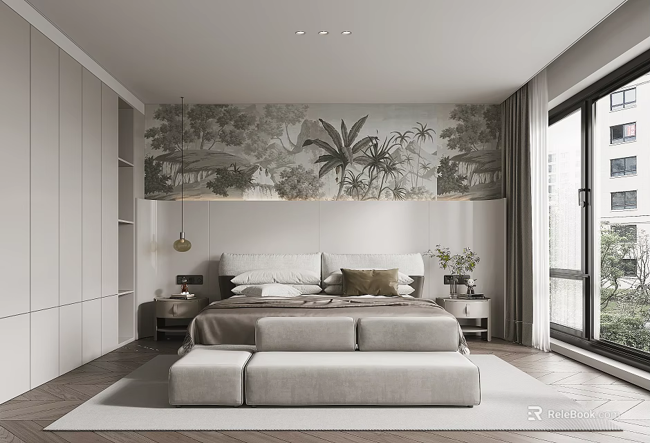 Modern Neutral Bedroom Interior Design With King Bed Wall Mural And Floor Windows 3d model 