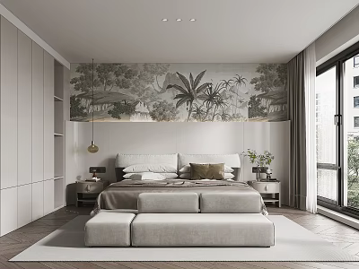 Modern Neutral Bedroom Interior Design With King Bed Wall Mural And Floor Windows 3d model