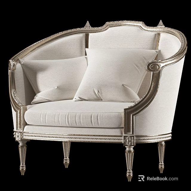 Elegant Single Sofa With Silver Carved Frame And White Upholstered Cushions 3d model 