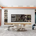 Elegant Modern Living Room Interior Design With TV Wall Shelves Sofa And Marble Coffee Table