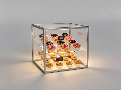 Transparent Display Case Shelf with Multiple Layers of Donuts and Lighting for Pastry Shop 3d model