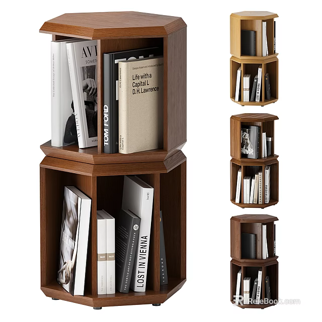 Modern Hexagonal Wooden Corner Bookshelf With Multi Layer Storage And Books 3d model