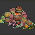 Orange Pumpkins Arranged With Clay Pots Autumn Leaves And Ram's Horn On Dark Surface