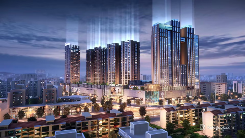Modern Commercial Complex with High Rise Buildings Night Lighting and Surrounding Residential Areas 3d model 