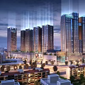 Modern Commercial Complex with High Rise Buildings Night Lighting and Surrounding Residential Areas